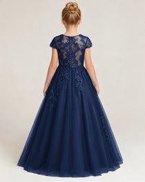 Back Navy Blue Lace Flower Girls Dress