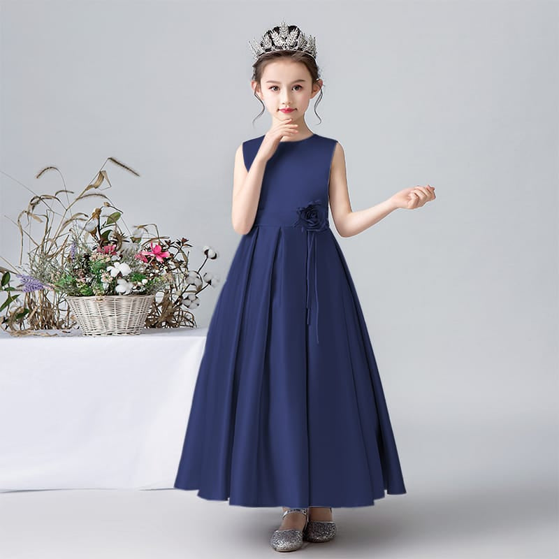 Dideyttawl Satin Girls Formal Dress with Sleeveless and 3D Flower, Navy Blue / 6
