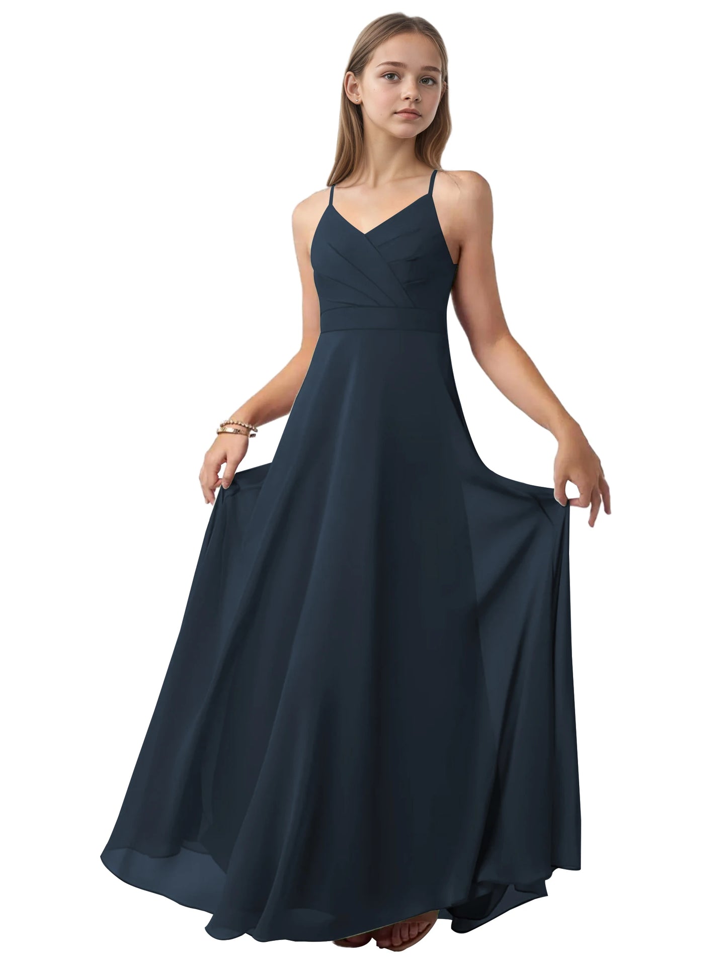 dideyttawl V-Neck Junior Bridesmaid Dress Spaghetti Straps Pleated Chiffon A-Line Flower Girl Dress 2510