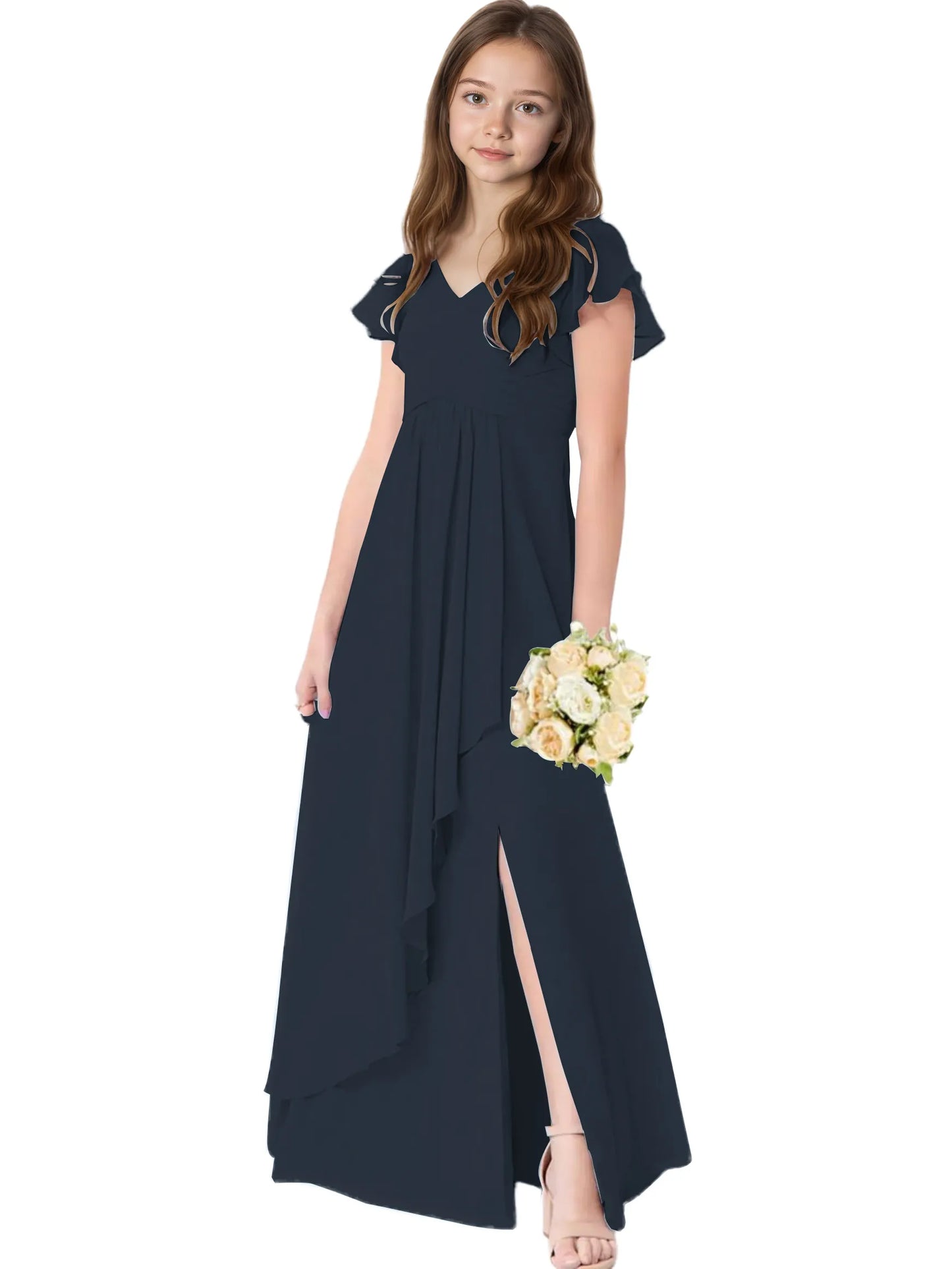Dideyttawl Chiffon Junior Bridesmaid Dresses Ruffle Sleeves Party Gown 2506