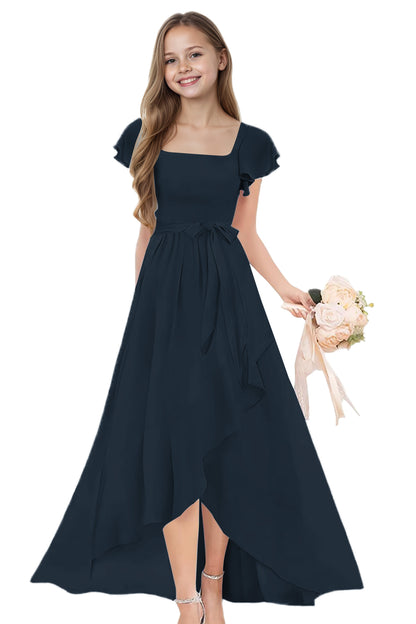 dideyttawl Long Junior Bridesmaid Dresses Ruffle Sleeve Square Neck Chiffon Flower Girl Dress for Wedding 2507