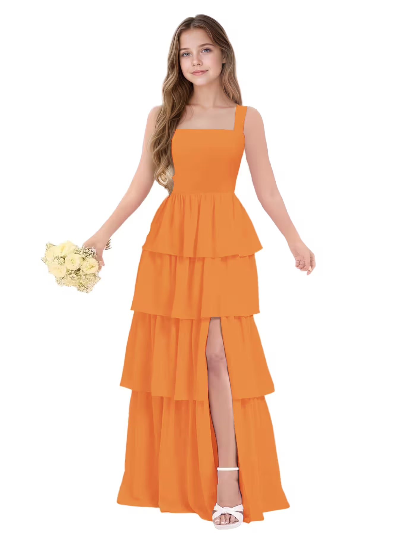 Dideyttawl Dusty Rose Junior Bridesmaid Dress Tiered Ruffle Floor Length Dress