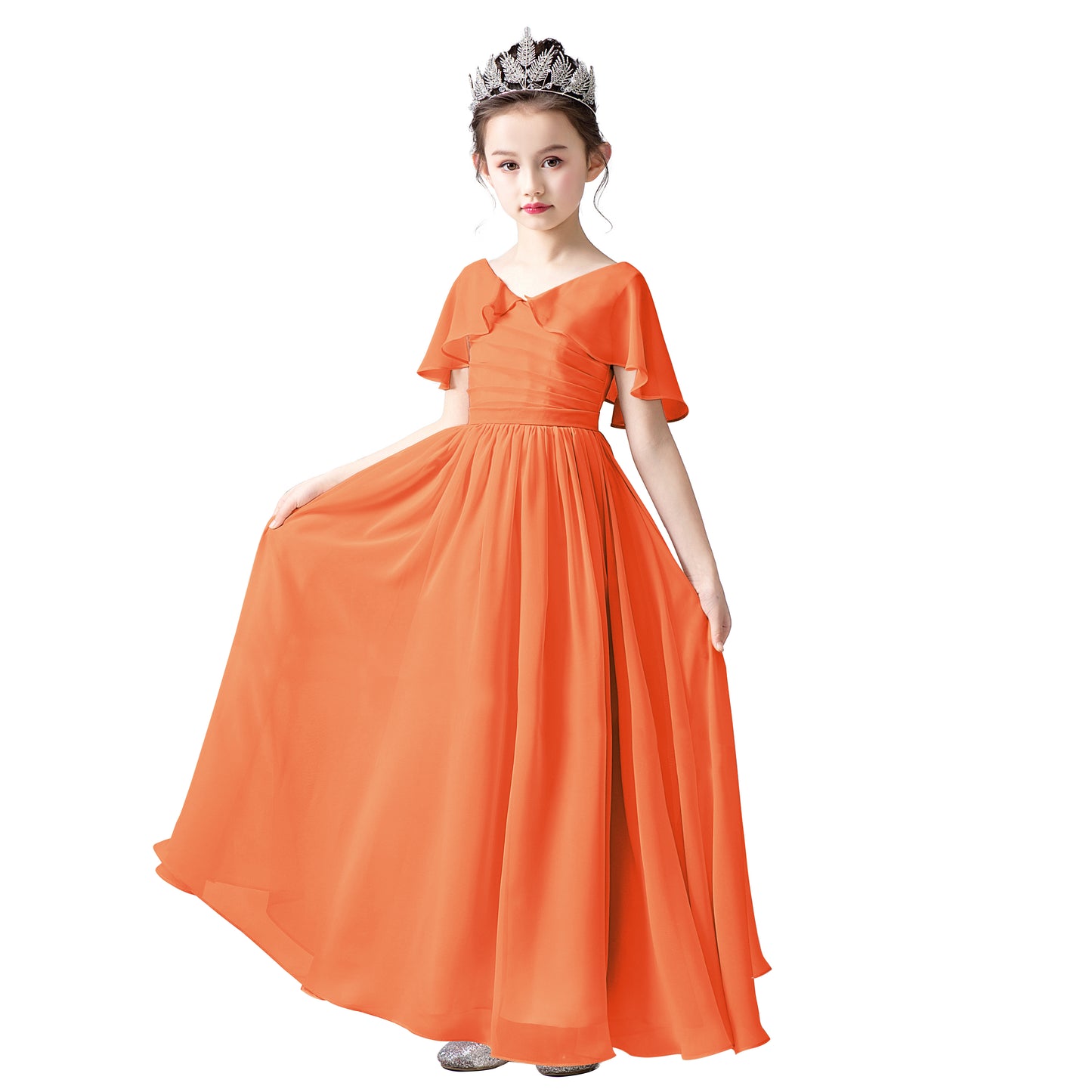 Chiffon Flower Girls Dress Cap Sleeves Junior Bridesmaid Dress for Girls 4-16 Special Occasion Dress for Wedding
