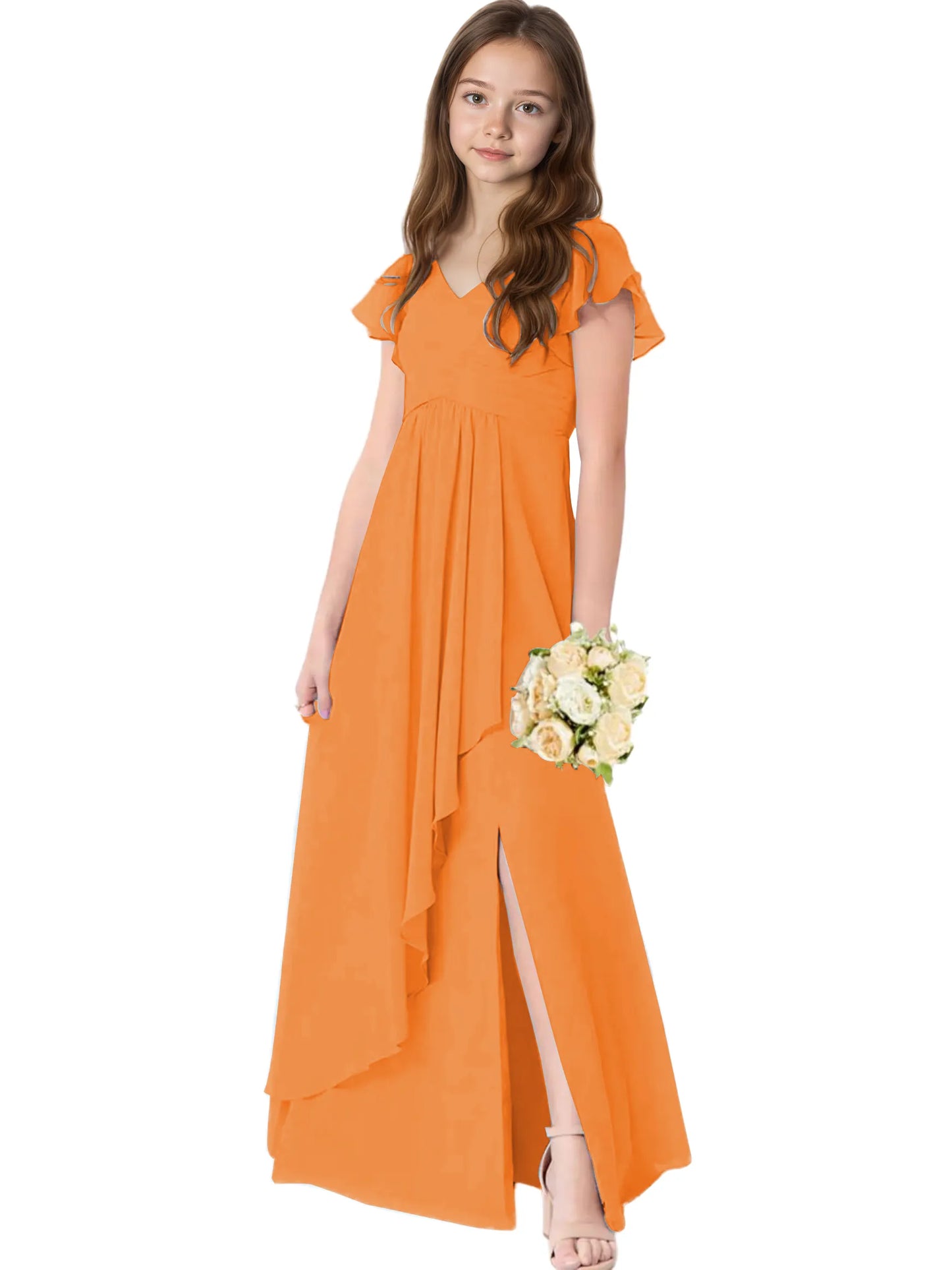 Dideyttawl Chiffon Junior Bridesmaid Dresses Ruffle Sleeves Party Gown 2506