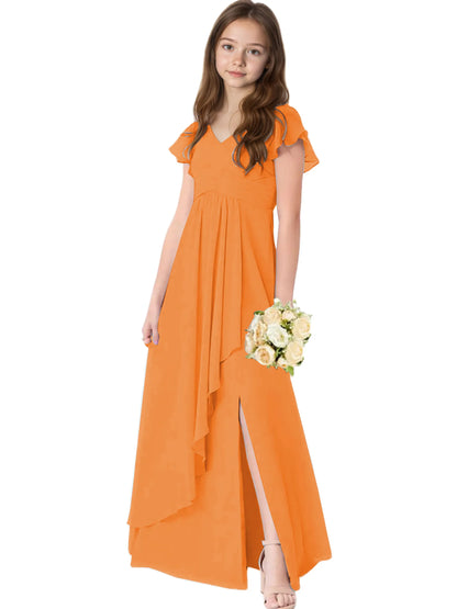 Dideyttawl Chiffon Junior Bridesmaid Dresses Ruffle Sleeves Party Gown 2506