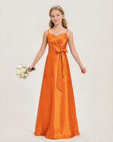 Orange Satin A-line Junior Bridesmaid Dress Front View