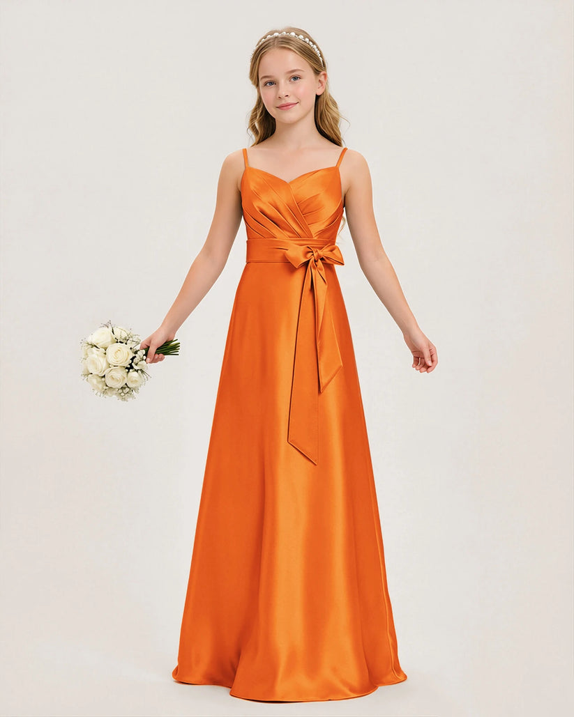 Orange Satin A-line Junior Bridesmaid Dress Front View