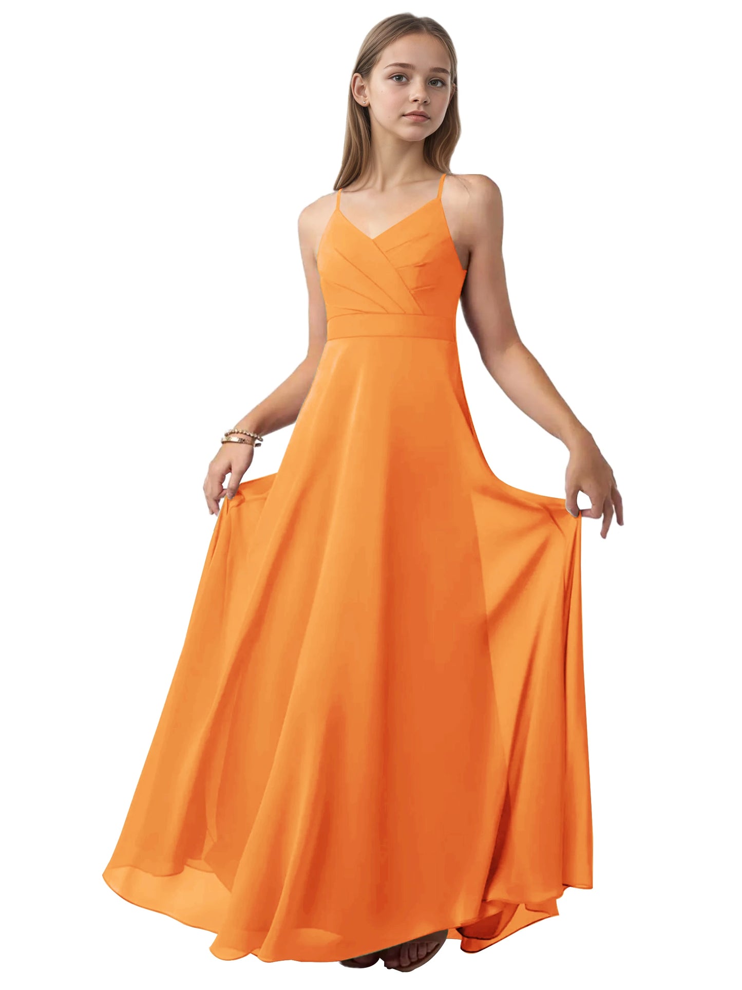 dideyttawl V-Neck Junior Bridesmaid Dress Spaghetti Straps Pleated Chiffon A-Line Flower Girl Dress 2510