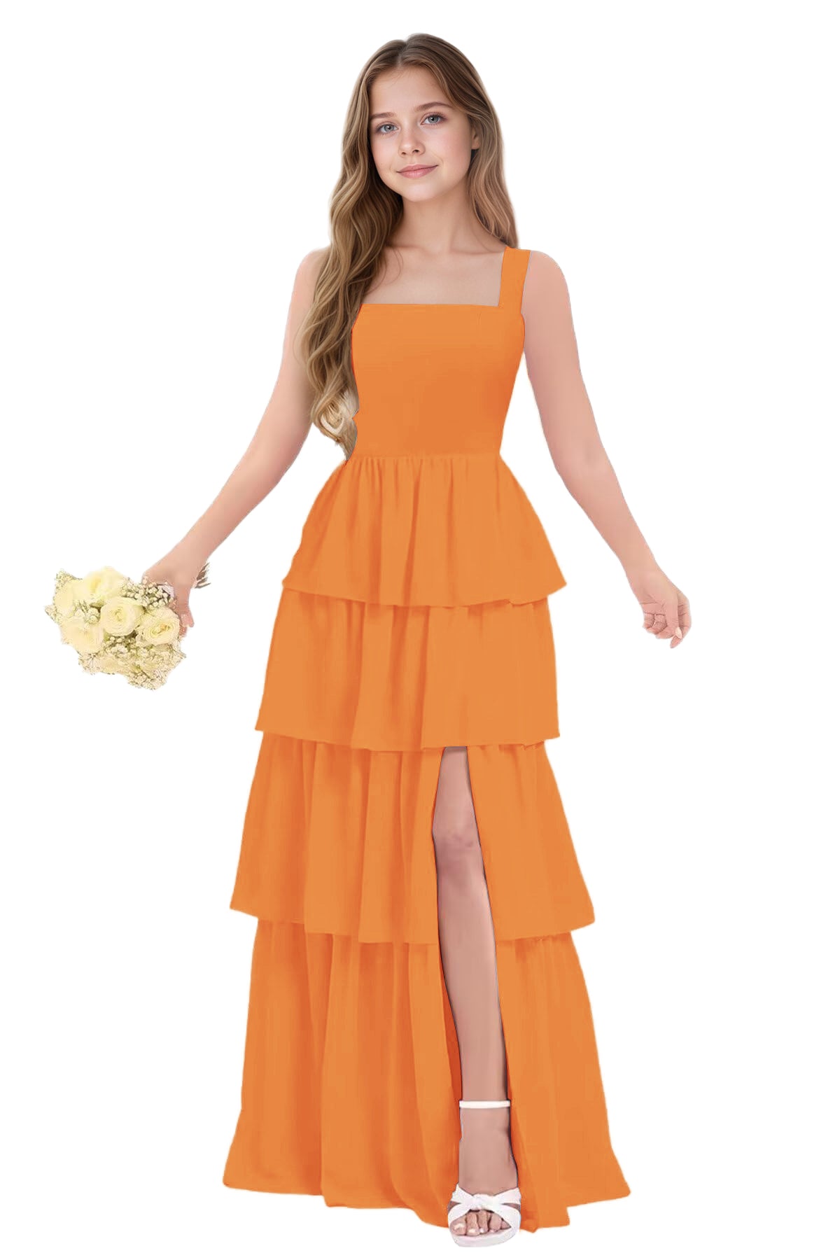 dideyttawl Junior Bridesmaid Dress Spaghetti Strap Square Neck Layered Chiffon A-Line Flower Girl Dress with Slit 2509