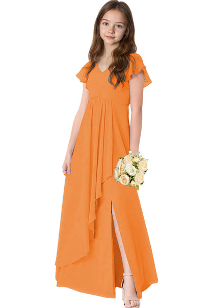 dideyttawl Chiffon Junior Bridesmaid Dresses V Neck Ruffle Sleeves Chiffon Pleated Flowy Flower Girls Dress or 4-16 2506