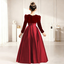 Dideyttawl Velvet Girls Formal Dress Long Sleeves Satin Flower Girl Dress 2541