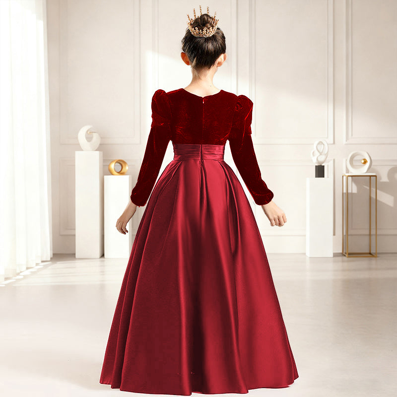 Dideyttawl Velvet Girls Formal Dress Long Sleeves Satin Flower Girl Dress 2541