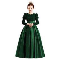 Dideyttawl Velvet Girls Formal Dress Long Sleeves Satin Flower Girl Dress 2541