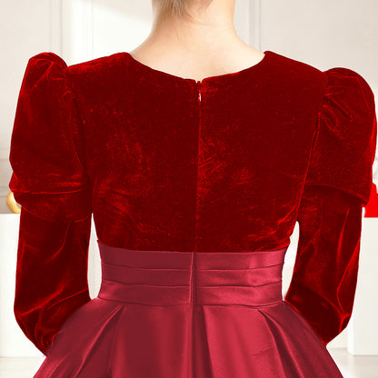 dideyttawl Velvet Junior Bridesmaid Dresses Long Sleeves Satin Flower Girl Dress 2541