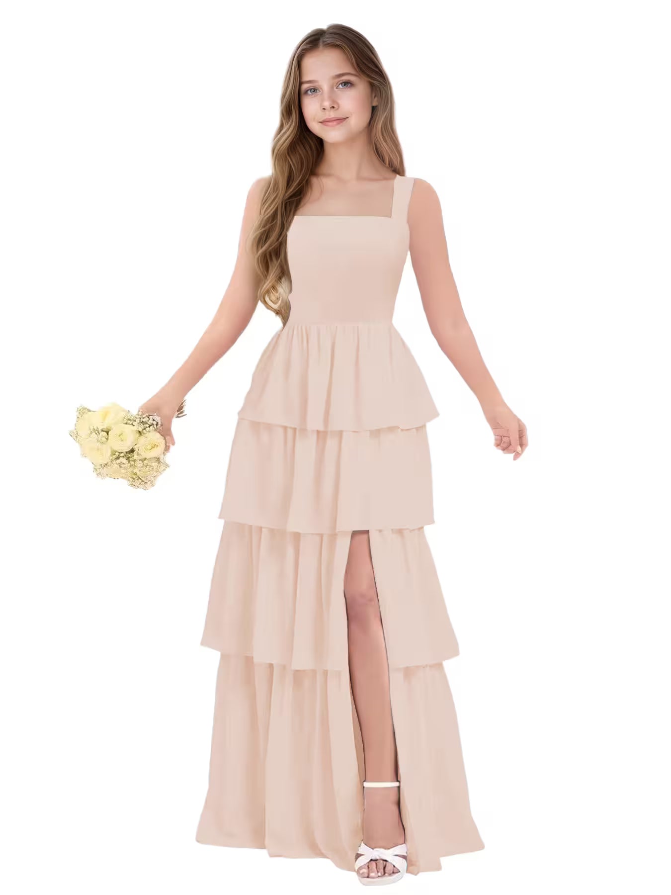 Dideyttawl Dusty Rose Junior Bridesmaid Dress Tiered Ruffle Floor Length Dress