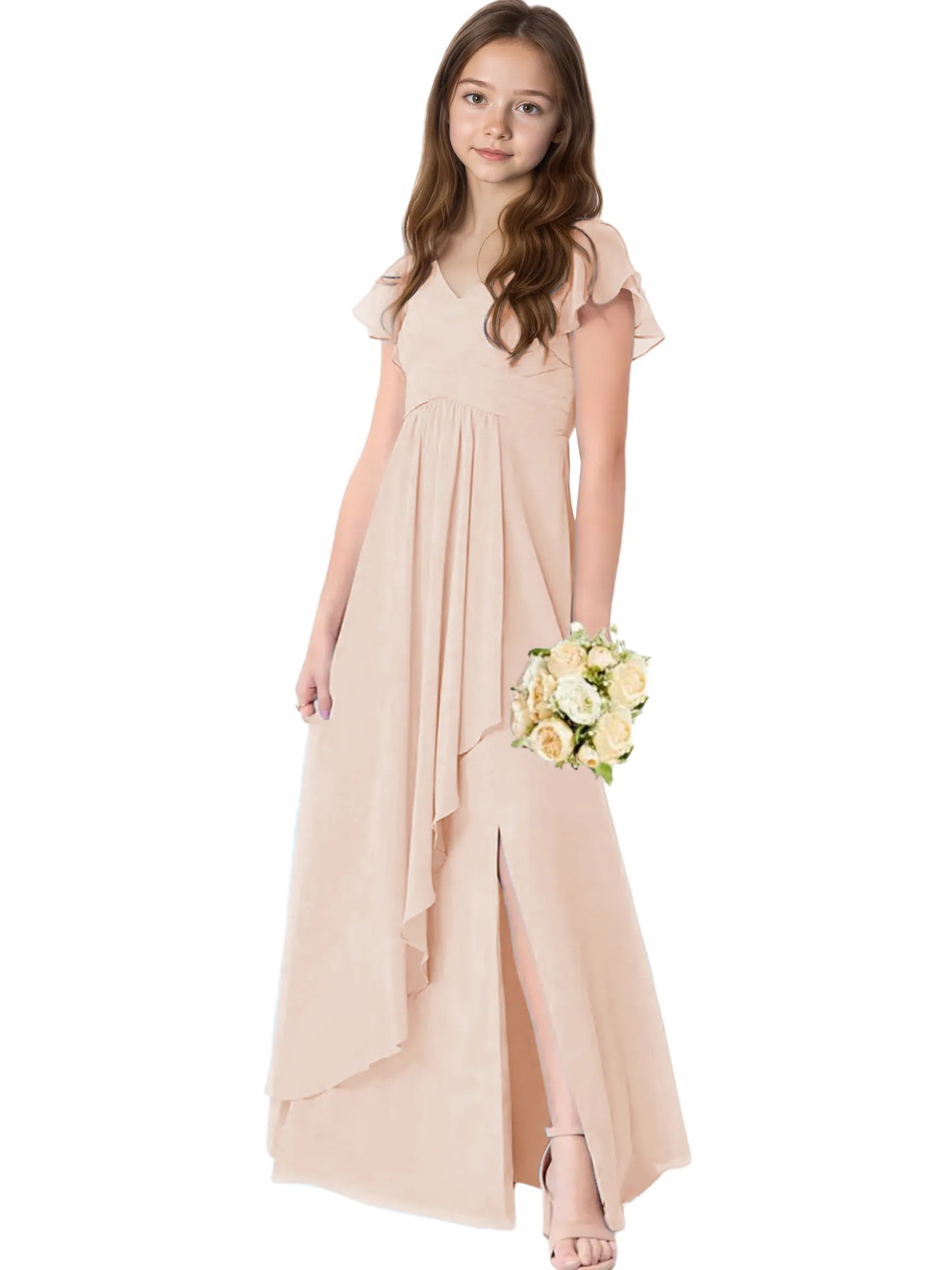 Dideyttawl Chiffon Junior Bridesmaid Dresses Ruffle Sleeves Party Gown 2506