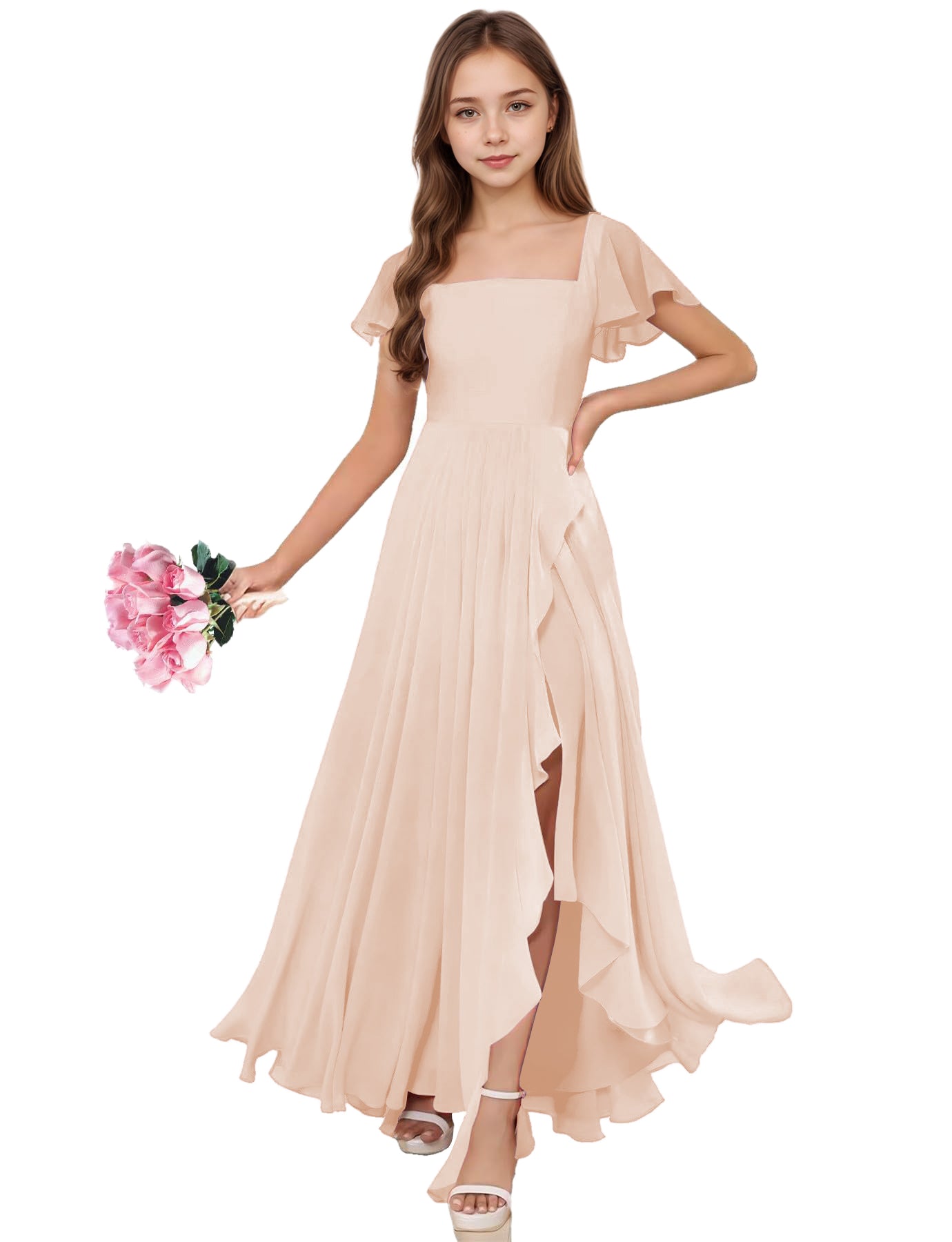 dideyttawl Junior Bridesmaid Dresses Ruffle Sleeve Square Neck Chiffon A-Line Flower Girl Dress with Slit 2508