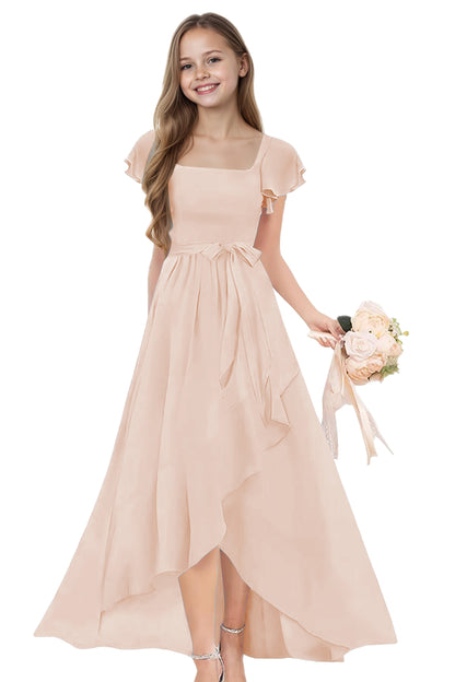 peach junior bridesmaid dresses ETHAN A-Line One-Shoulder Floor-Length Chiffon Junior Bridesmaid Dress With Ruffle Peach Size 6