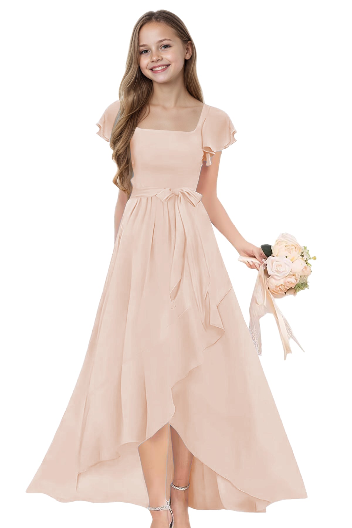 dideyttawl Long Junior Bridesmaid Dresses Ruffle Sleeve Square Neck Chiffon Flower Girl Dress for Wedding 2507