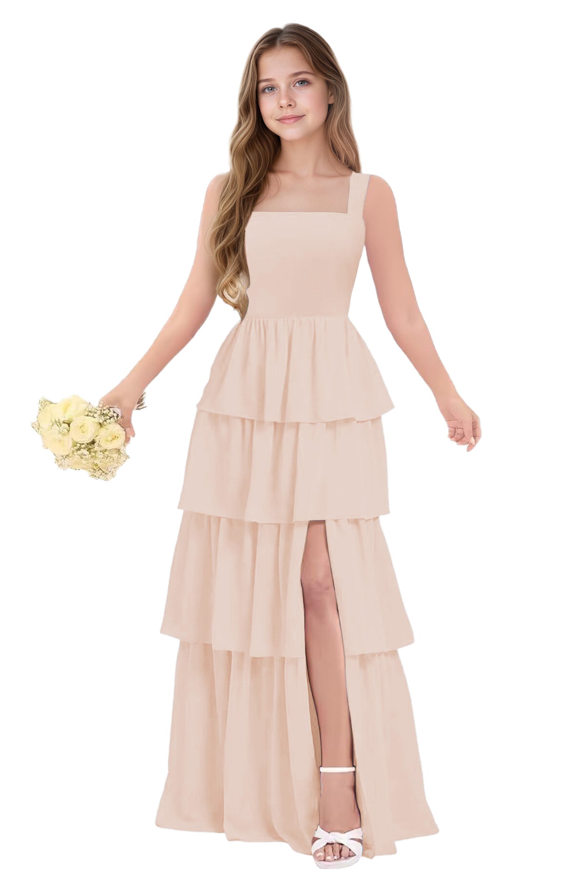dideyttawl Junior Bridesmaid Dress Spaghetti Strap Square Neck Layered Chiffon A-Line Flower Girl Dress with Slit 2509
