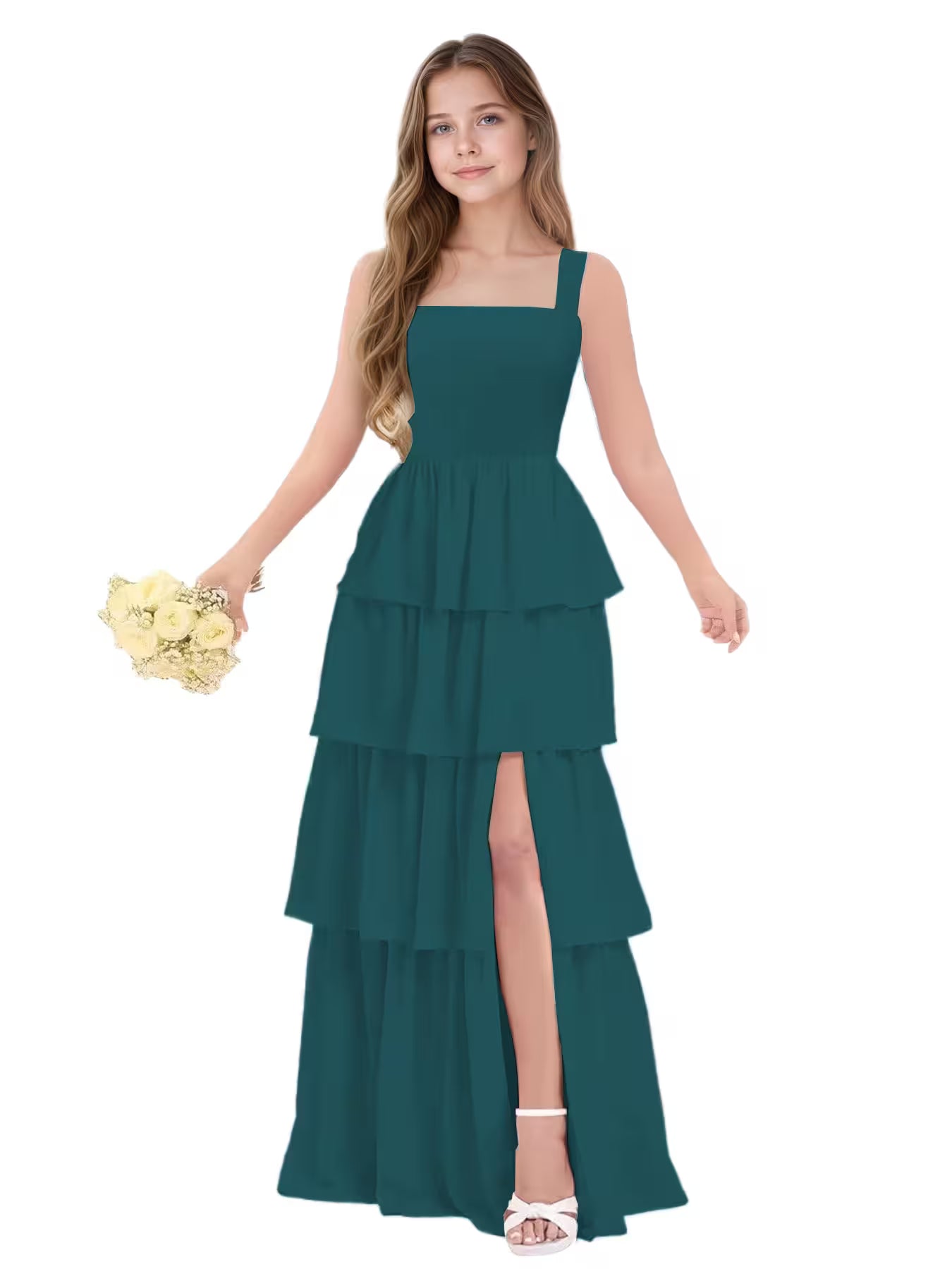 Dideyttawl Dusty Rose Junior Bridesmaid Dress Tiered Ruffle Floor Length Dress