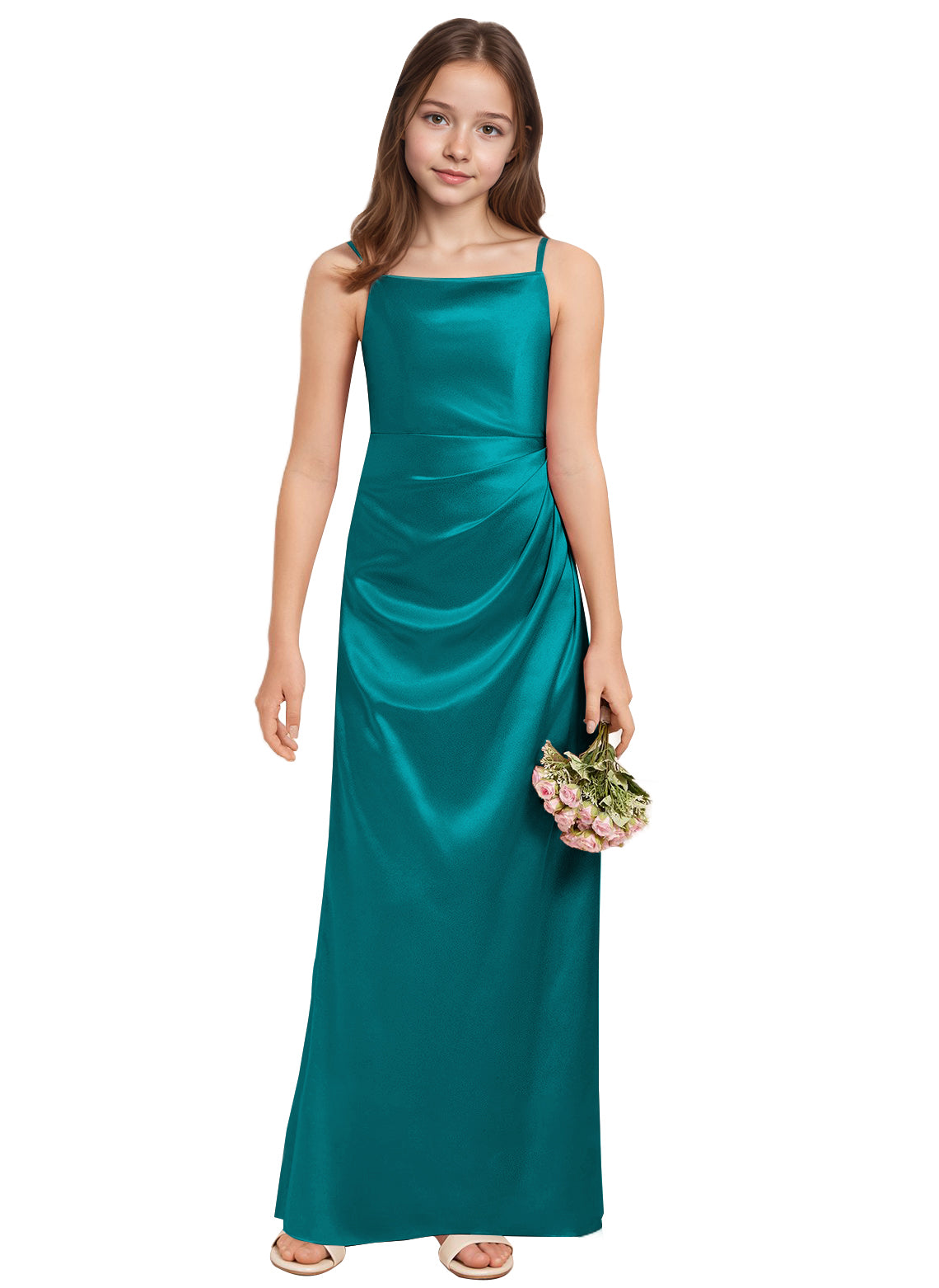 dideyttawl A-Line Junior Bridesmaid Dress Square Neck Pleated Stretch Satin Flower Girl Dress Sleeveless Formal Special Occasion Dress for Wedding 2520