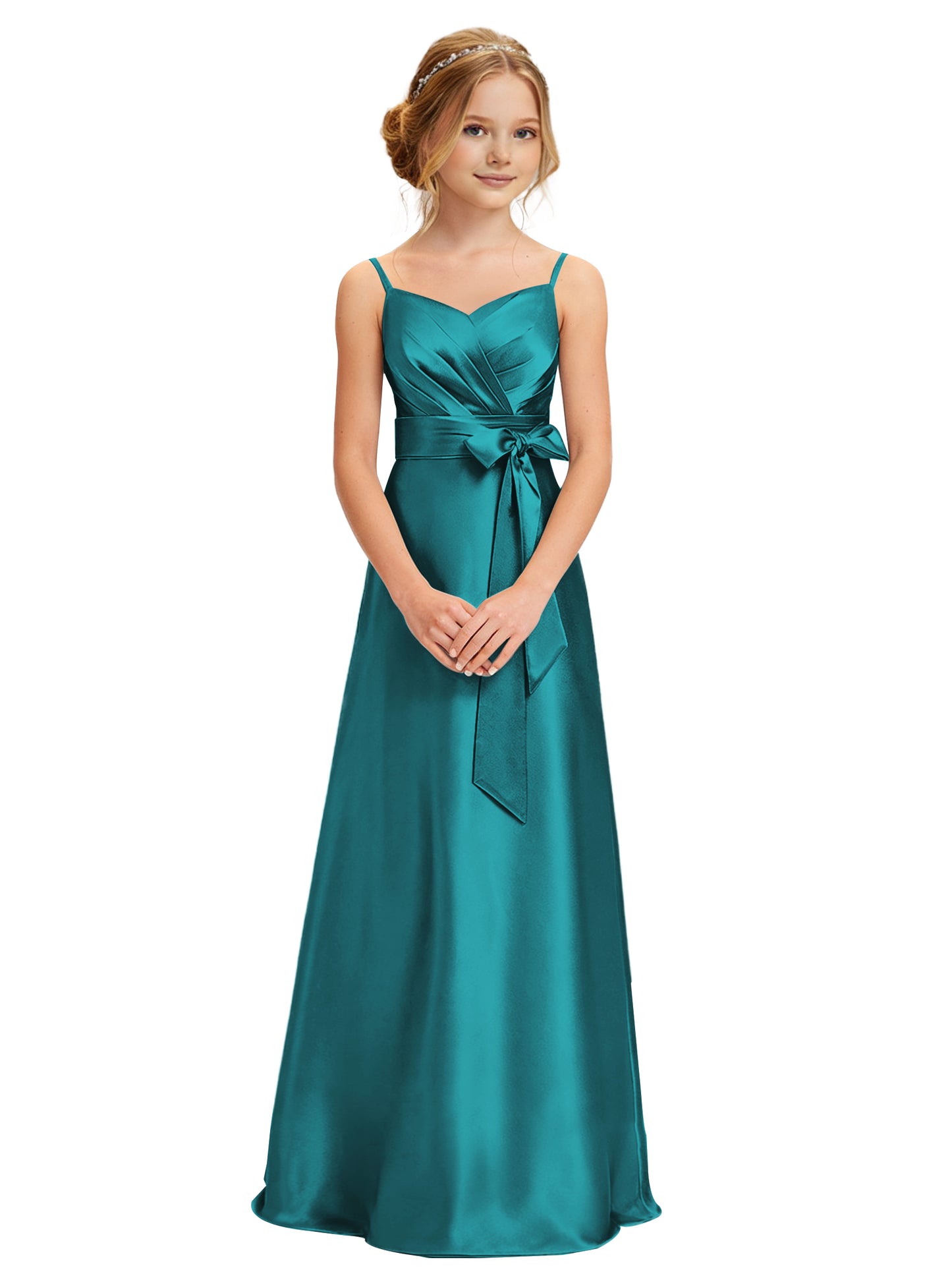 dideyttawl 2026 Girls Pleated Satin Prom Dress Bow Belt Ball Gown Maxi Spaghetti Straps Junior Bridesmaid Dress 2547