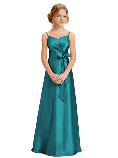 dideyttawl 2026 Girls Pleated Satin Prom Dress Bow Belt Ball Gown Maxi Spaghetti Straps Junior Bridesmaid Dress 2547