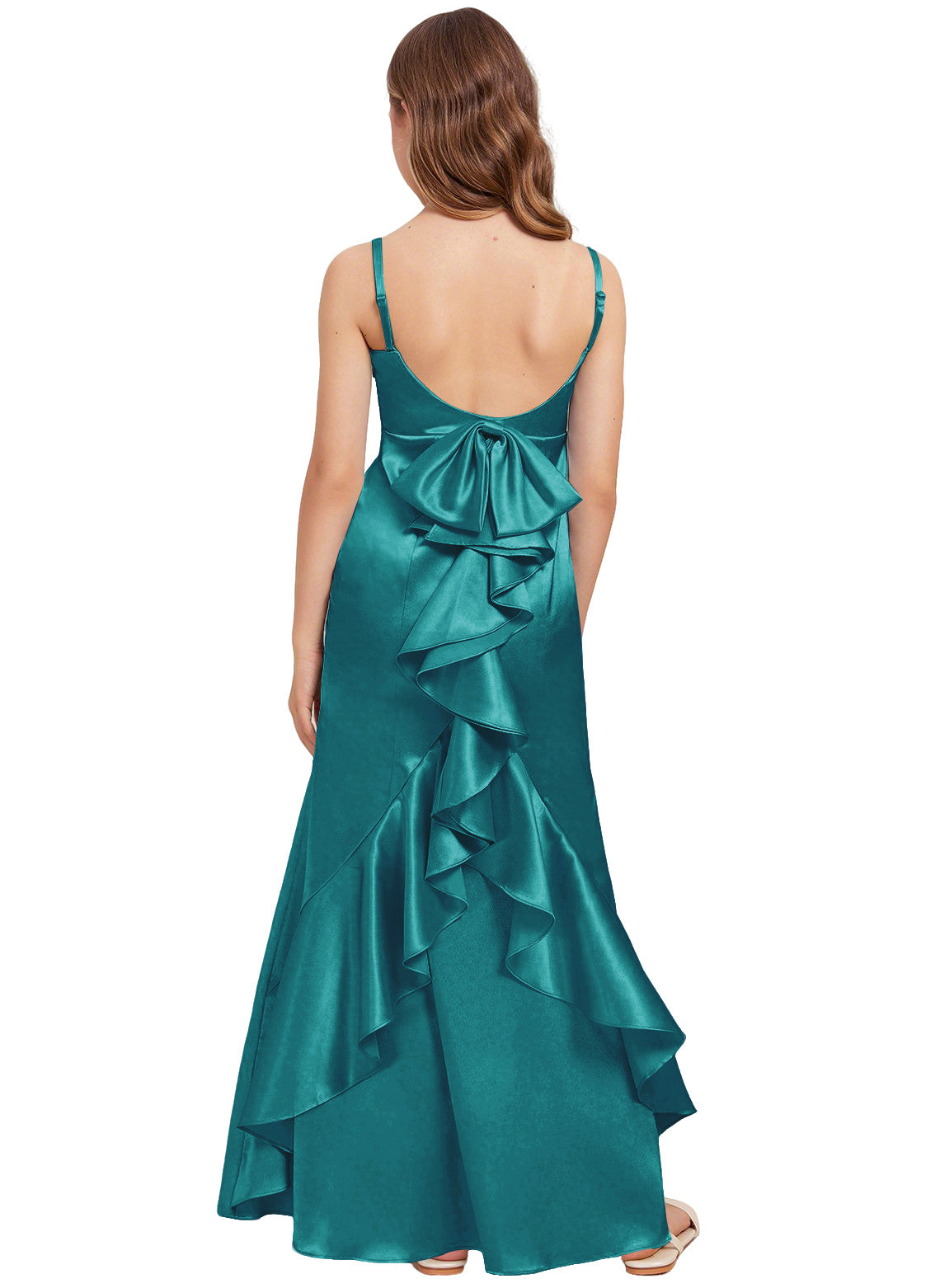 dideyttawl Mermaid Junior Bridesmaid Dress with Slit V-Neck Ruffles Bow Stretch Satin Flower Girl Dress Sleeveless Formal Special Occasion Dress for Wedding 2522