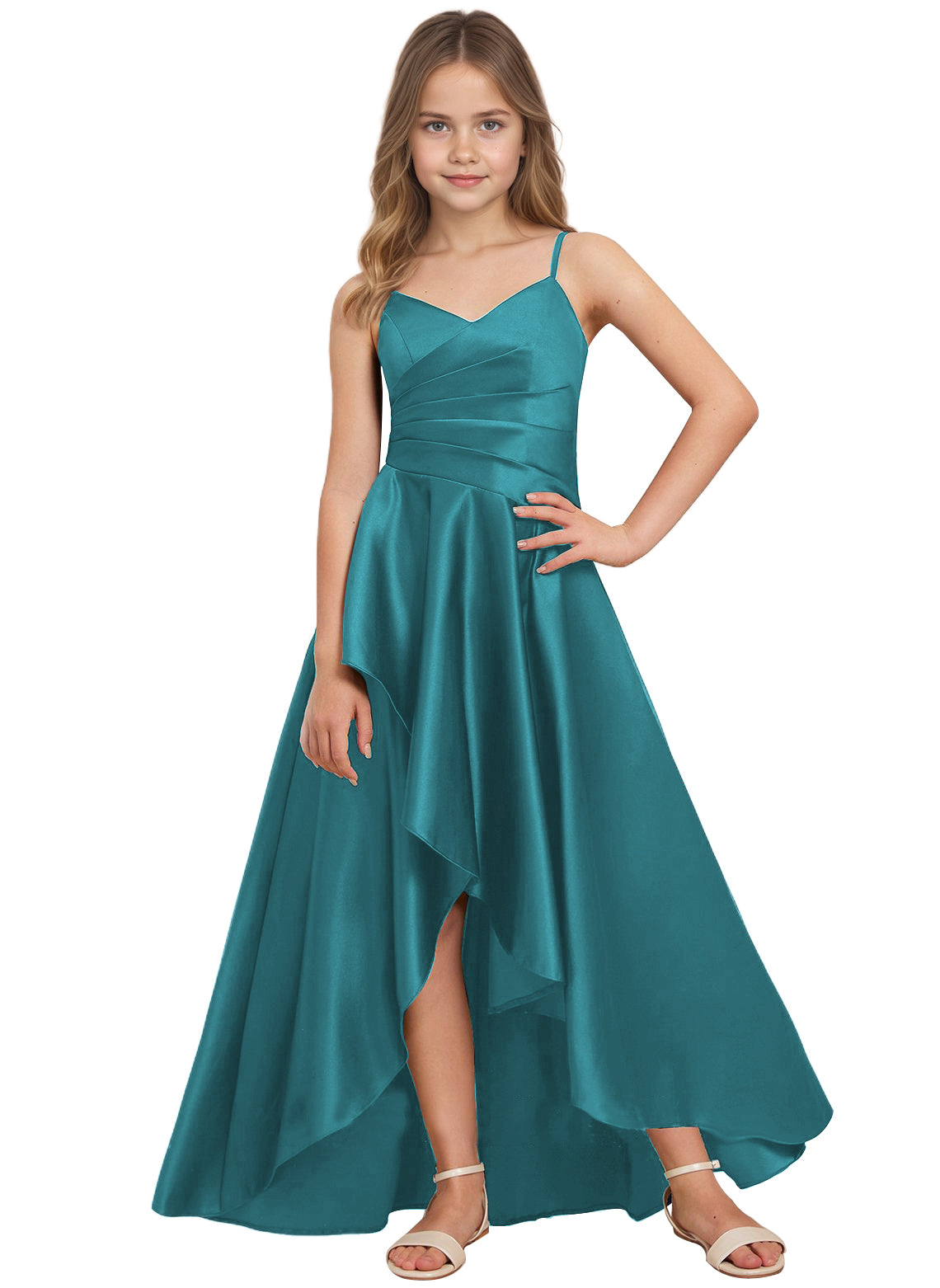 dideyttawl High Low Junior Bridesmaid Dress V-Neck Silk Satin Flower Girl Dress Sleeveless Formal Special Occasion Dress for Wedding 2523