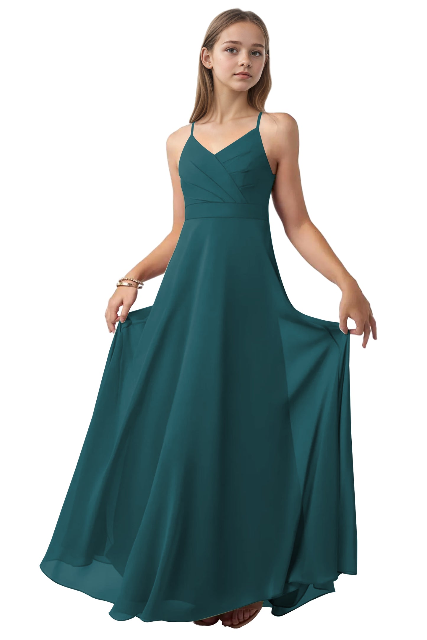 dideyttawl V-Neck Junior Bridesmaid Dress Spaghetti Straps Pleated Chiffon A-Line Flower Girl Dress 2510
