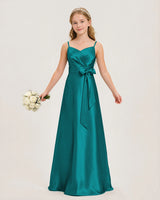 Peacock Satin A-line Junior Bridesmaid Dress Front View