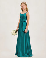 Peacock Satin A-line Junior Bridesmaid Dress Front View
