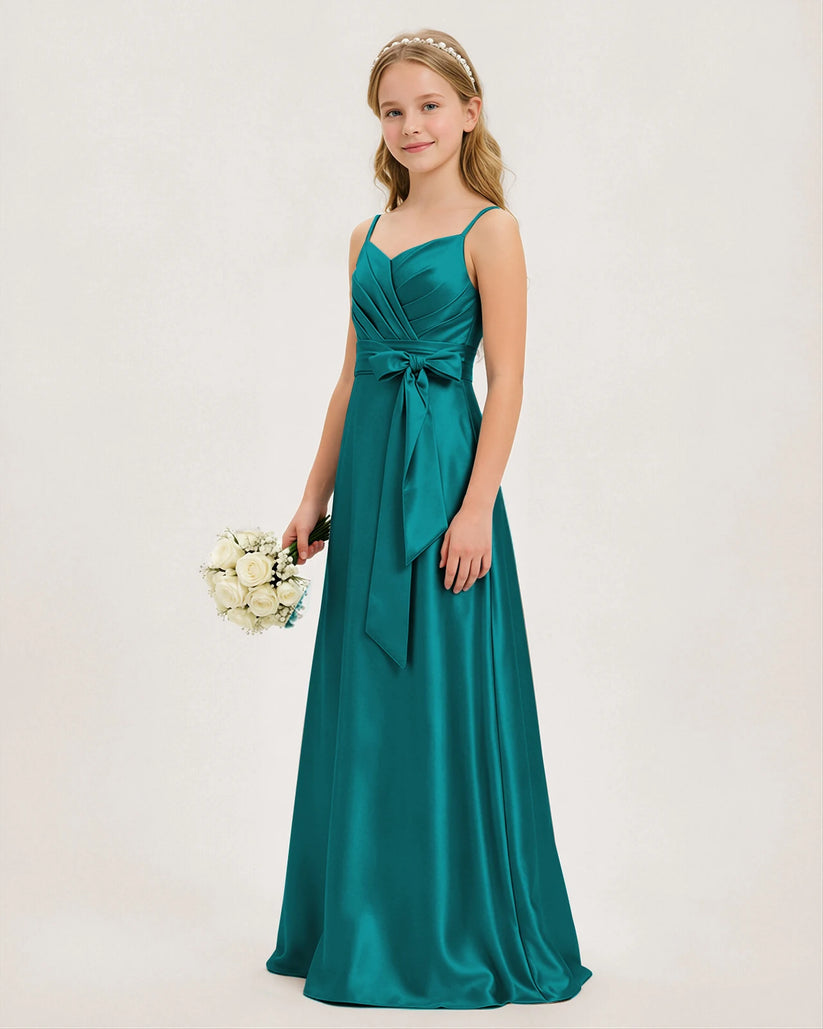 Peacock Satin A-line Junior Bridesmaid Dress Front View