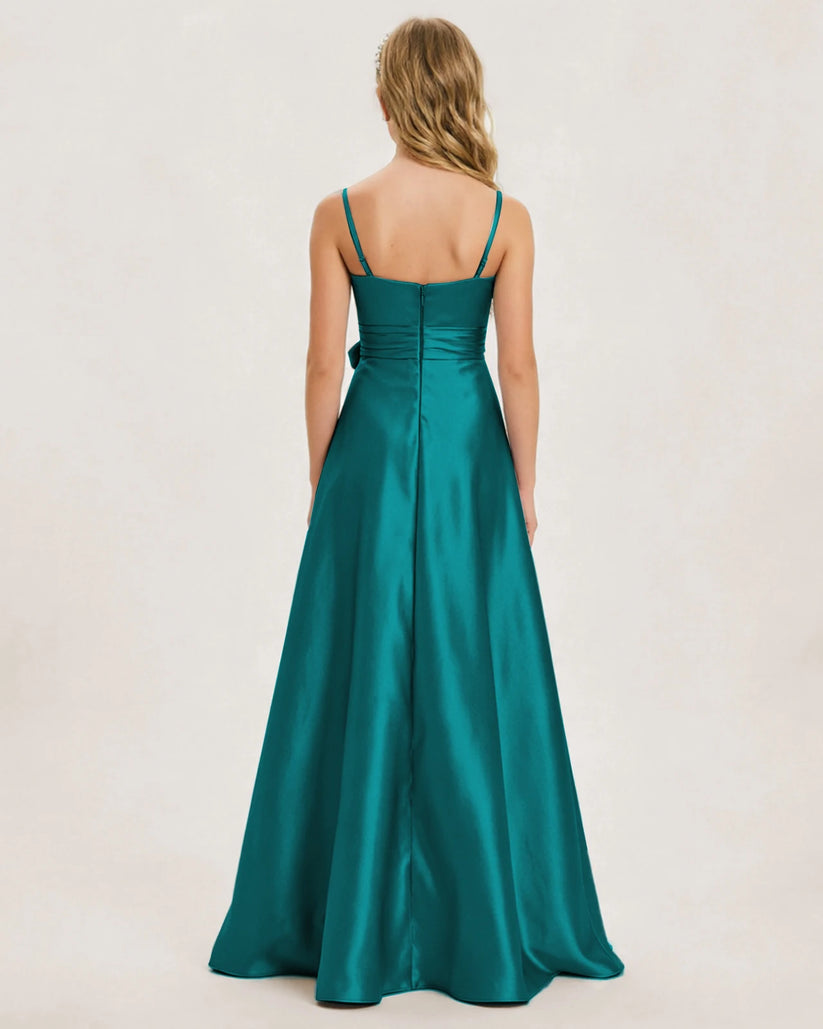Peacock Satin A-line Junior Bridesmaid Dress Back View