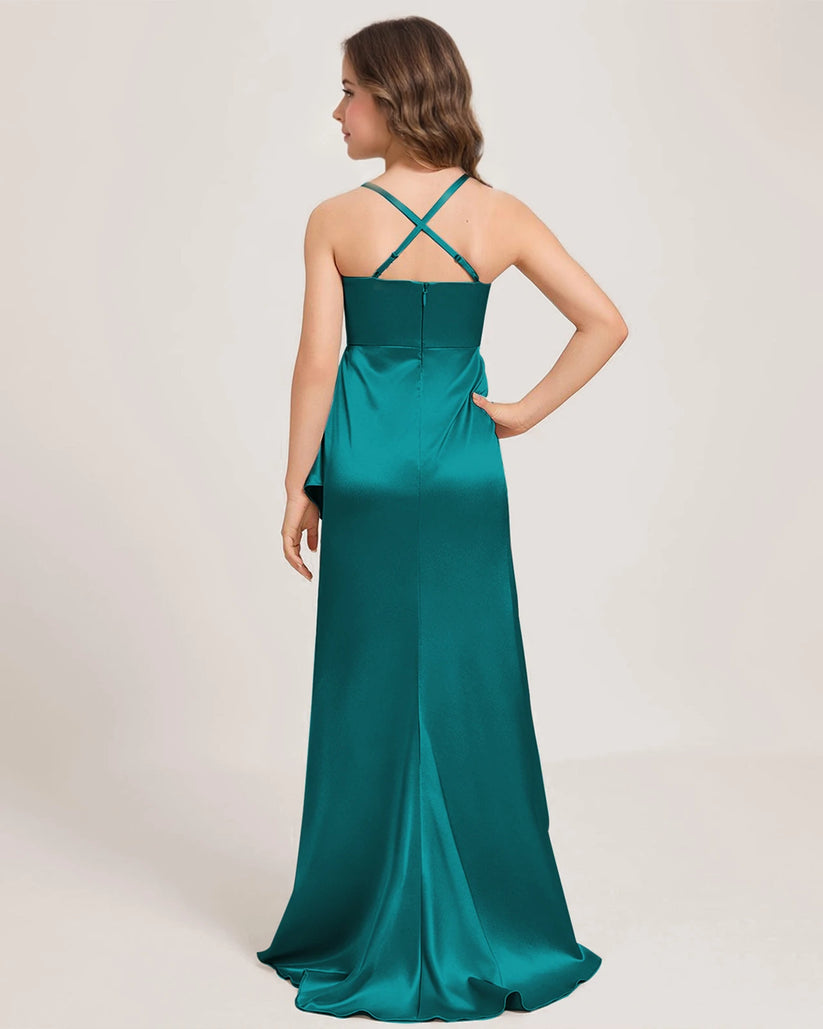 Peacock Satin A-line Girls Formal Dress Back View