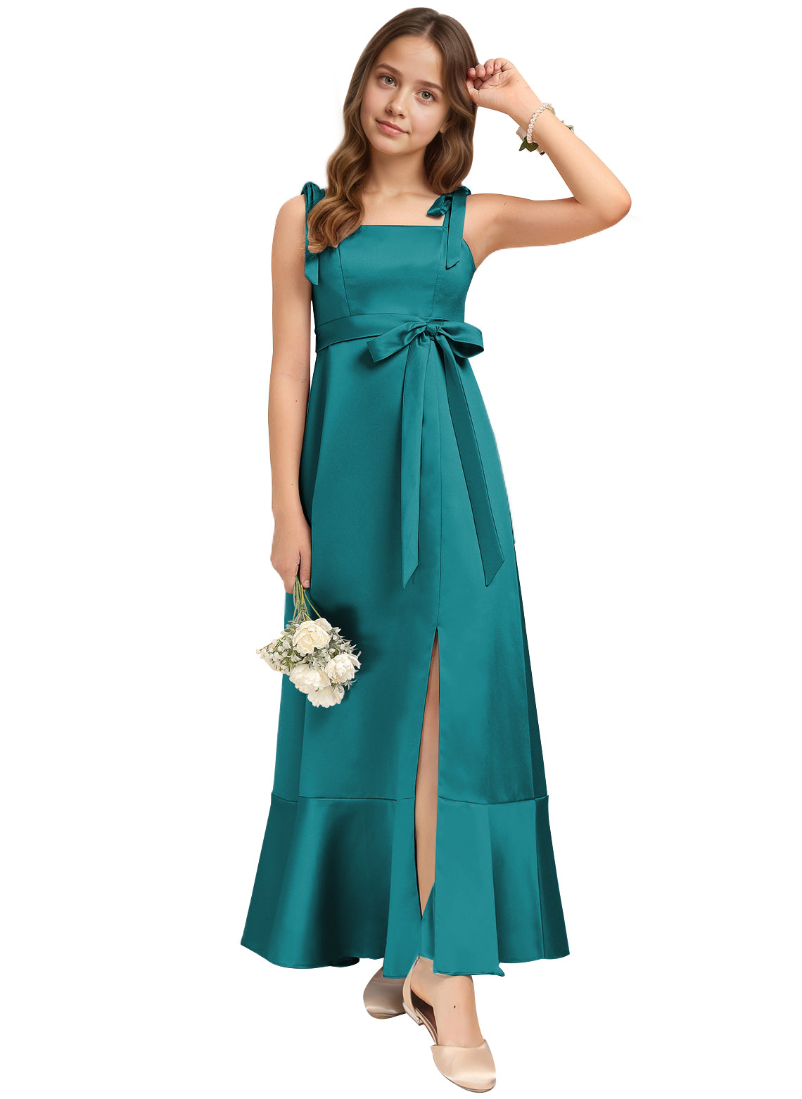 dideyttawl Junior Bridesmaid Dresses for Teens Silk Satin Adjustable Straps Flower Girl Dress with Slit 2529