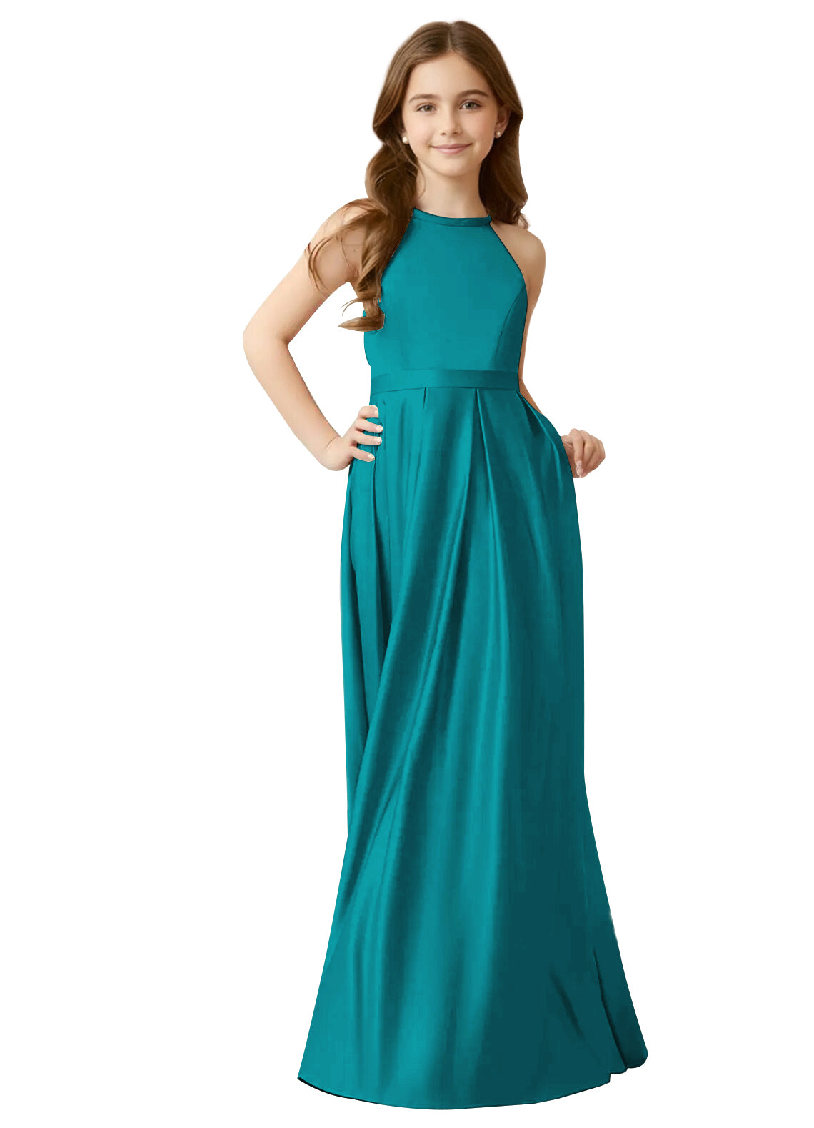 dideyttawl A-Line Junior Bridesmaid Dresses Halter Flower Girls Dress Satin Adjustable Straps Formal Gown 2532