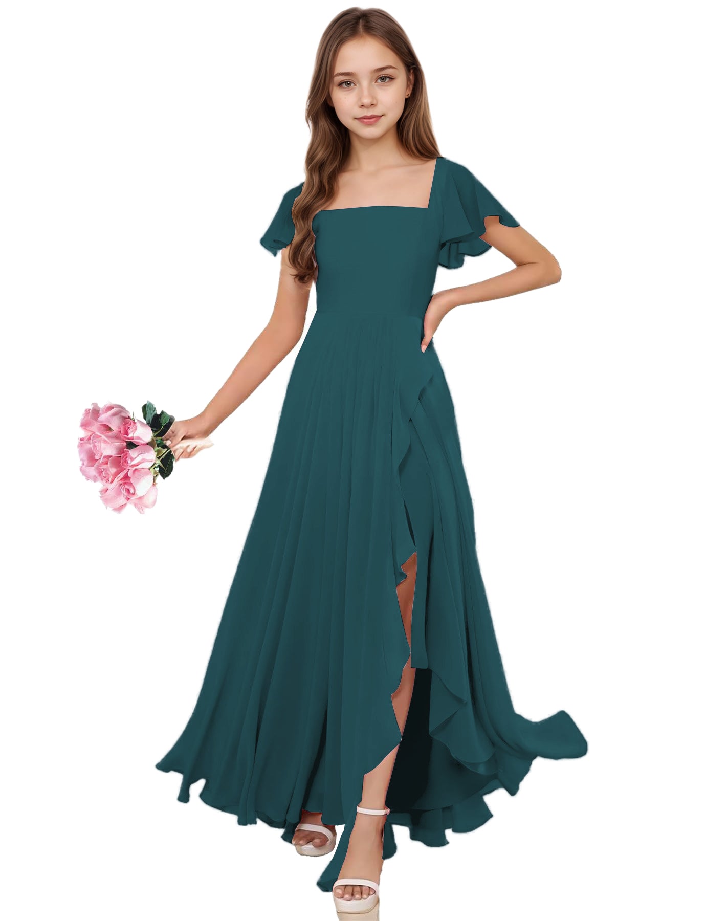 dideyttawl Junior Bridesmaid Dresses Ruffle Sleeve Square Neck Chiffon A-Line Flower Girl Dress with Slit 2508