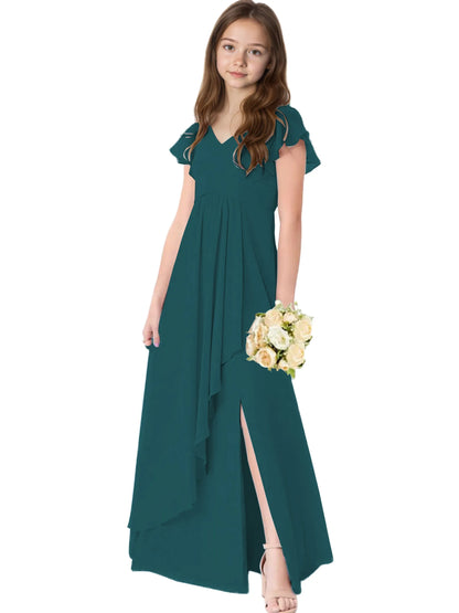 Dideyttawl Chiffon Junior Bridesmaid Dresses Ruffle Sleeves Party Gown 2506