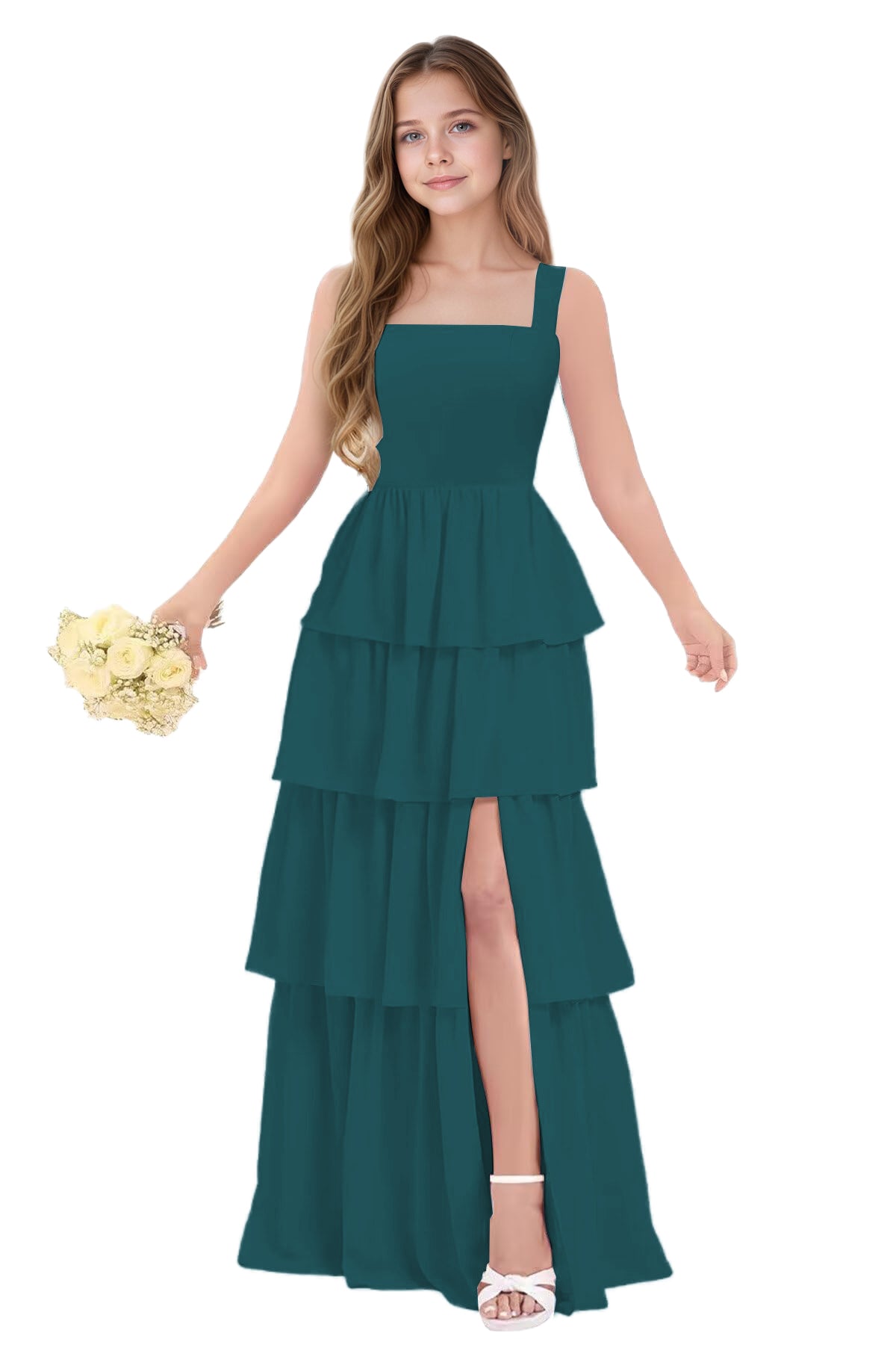 dideyttawl Junior Bridesmaid Dress Spaghetti Strap Square Neck Layered Chiffon A-Line Flower Girl Dress with Slit 2509