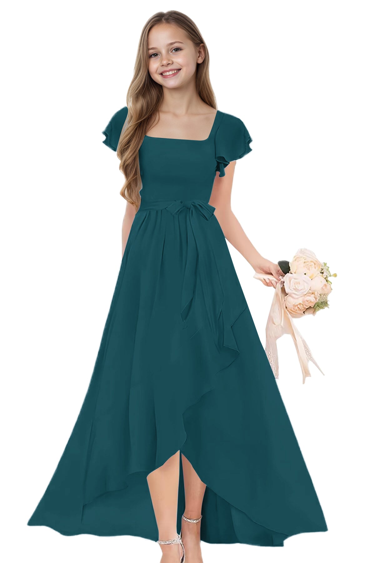 dideyttawl Long Junior Bridesmaid Dresses Ruffle Sleeve Square Neck Chiffon Flower Girl Dress for Wedding 2507