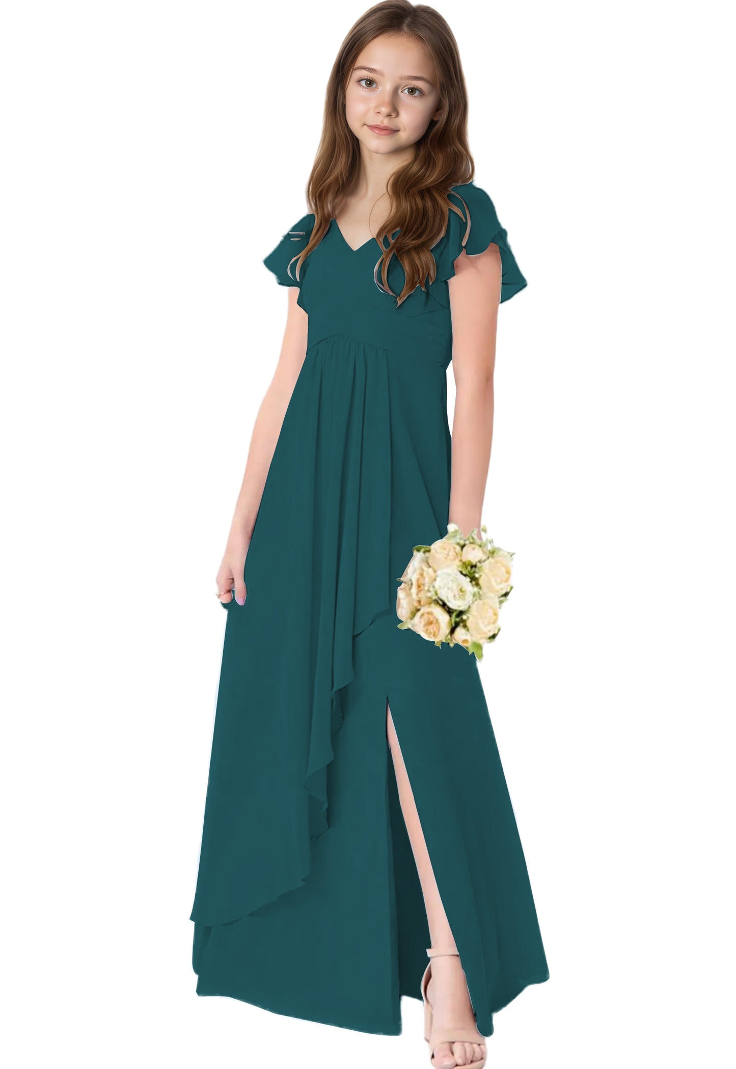 dideyttawl Chiffon Junior Bridesmaid Dresses V Neck Ruffle Sleeves Chiffon Pleated Flowy Flower Girls Dress or 4-16 2506