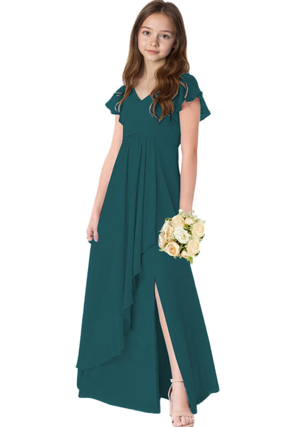 dideyttawl Chiffon Junior Bridesmaid Dresses V Neck Ruffle Sleeves Chiffon Pleated Flowy Flower Girls Dress or 4-16 2506
