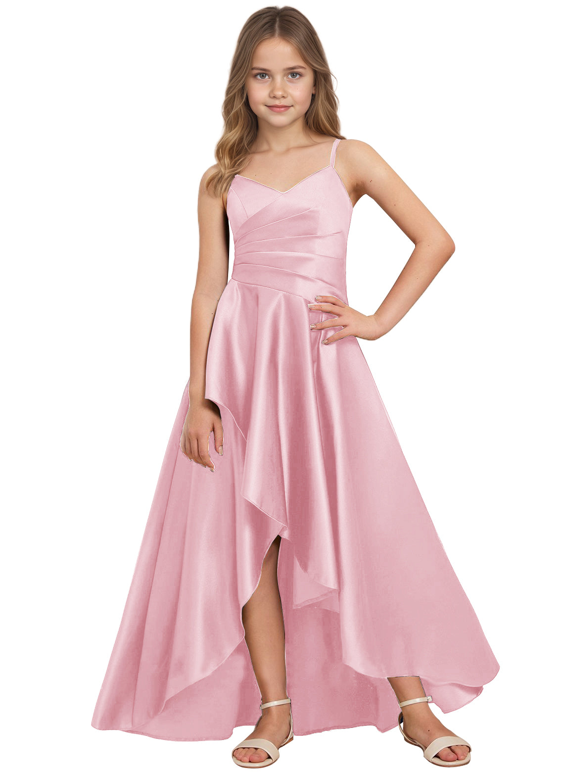 dideyttawl High Low Junior Bridesmaid Dress V-Neck Silk Satin Flower Girl Dress Sleeveless Formal Special Occasion Dress for Wedding 2523