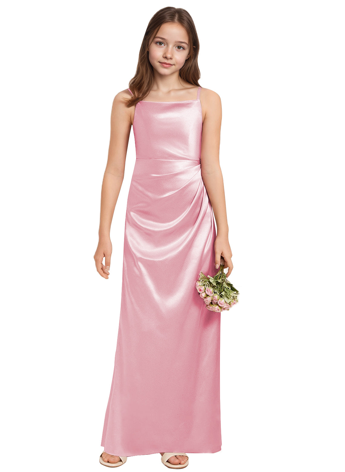 dideyttawl A-Line Junior Bridesmaid Dress Square Neck Pleated Stretch Satin Flower Girl Dress Sleeveless Formal Special Occasion Dress for Wedding 2520