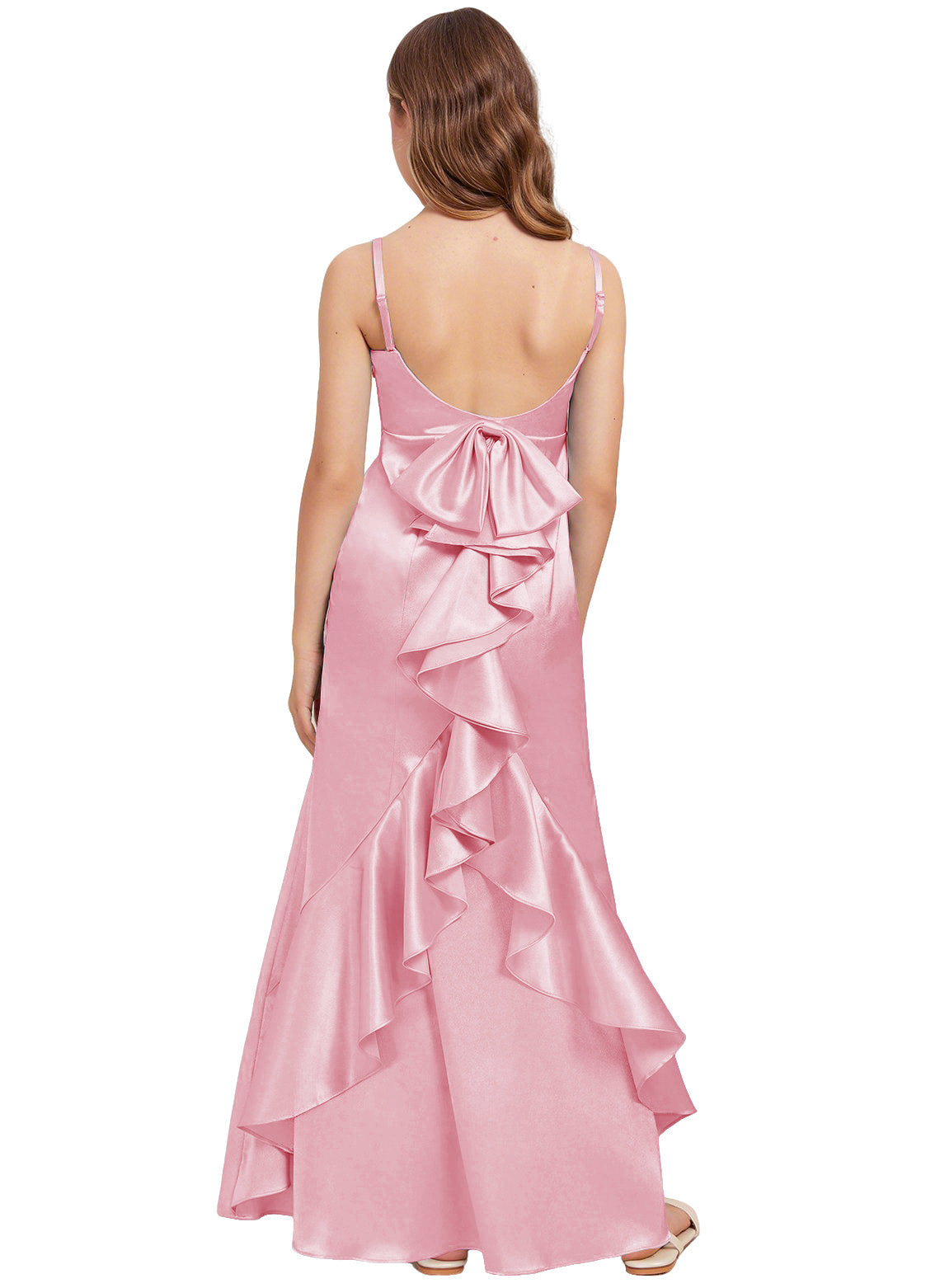 dideyttawl Mermaid Junior Bridesmaid Dress with Slit V-Neck Ruffles Bow Stretch Satin Flower Girl Dress Sleeveless Formal Special Occasion Dress for Wedding 2522