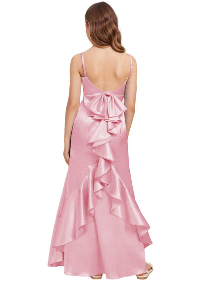 dideyttawl Mermaid Junior Bridesmaid Dress with Slit V-Neck Ruffles Bow Stretch Satin Flower Girl Dress Sleeveless Formal Special Occasion Dress for Wedding 2522
