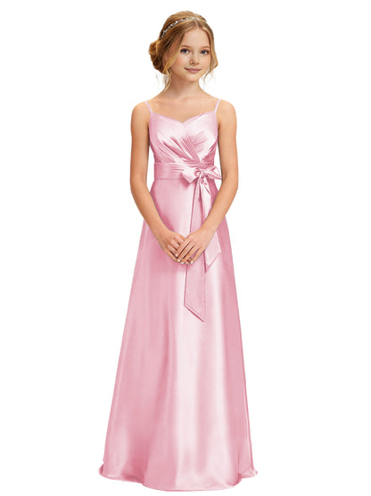 dideyttawl 2026 Girls Pleated Satin Prom Dress Bow Belt Ball Gown Maxi Spaghetti Straps Junior Bridesmaid Dress 2547