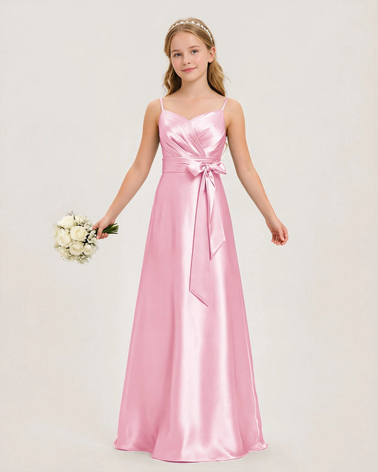 Pink Satin A-line Junior Bridesmaid Dress Front View
